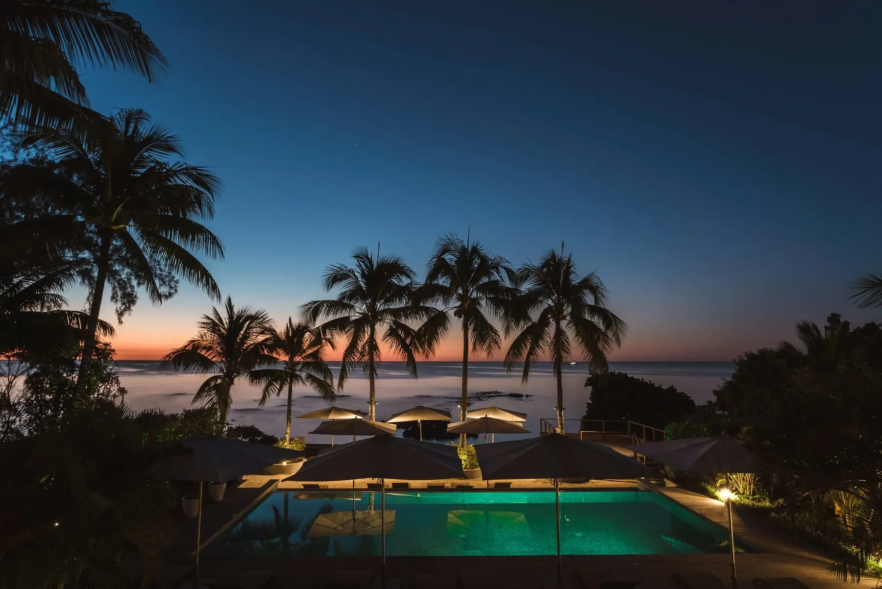 Palm-lined pool and ocean view at dusk